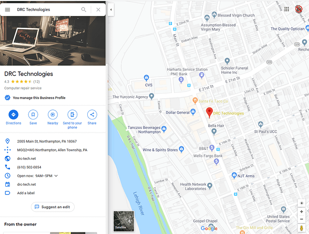 Screenshot of DRC Technologies Northampton, PA on google maps with surrounding businesses