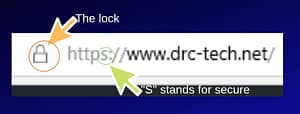 Picture showing lock and "s" in https for secure sites.